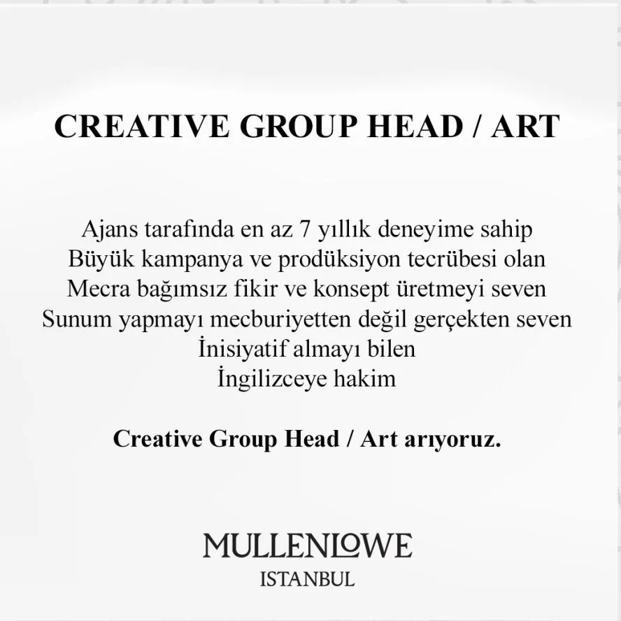 Creative Group Head arayanlar MullenLowe İstanbul, Creative Group Head (Art) Arıyor