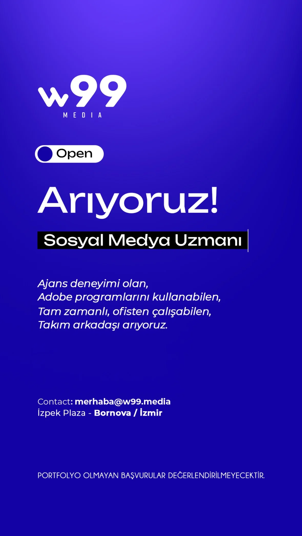 Sosyal Medya Uzmanı iş ilanları w99 Media, Sosyal Medya Uzmanı Arıyor